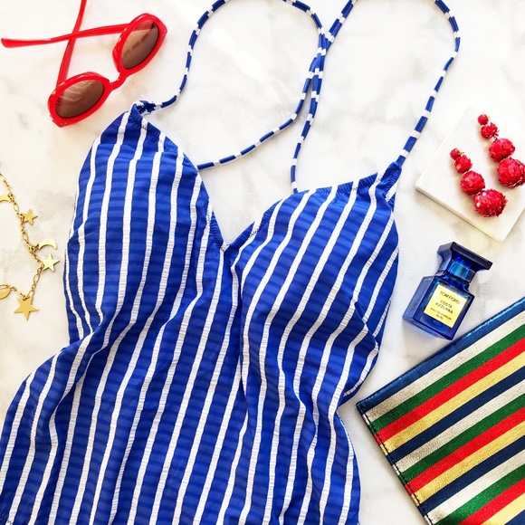 J. Crew Other - Blue Stripe V Neck Lace Up Back One Piece Swimsuit